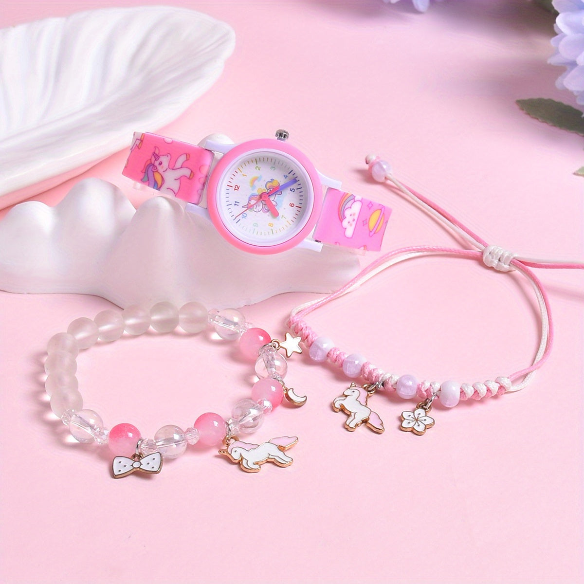 Cartoon Horse Print Wristband Set with Quartz Watch