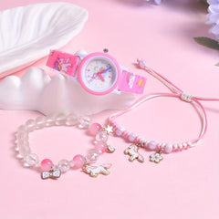 Cartoon Horse Print Wristband Set with Quartz Watch