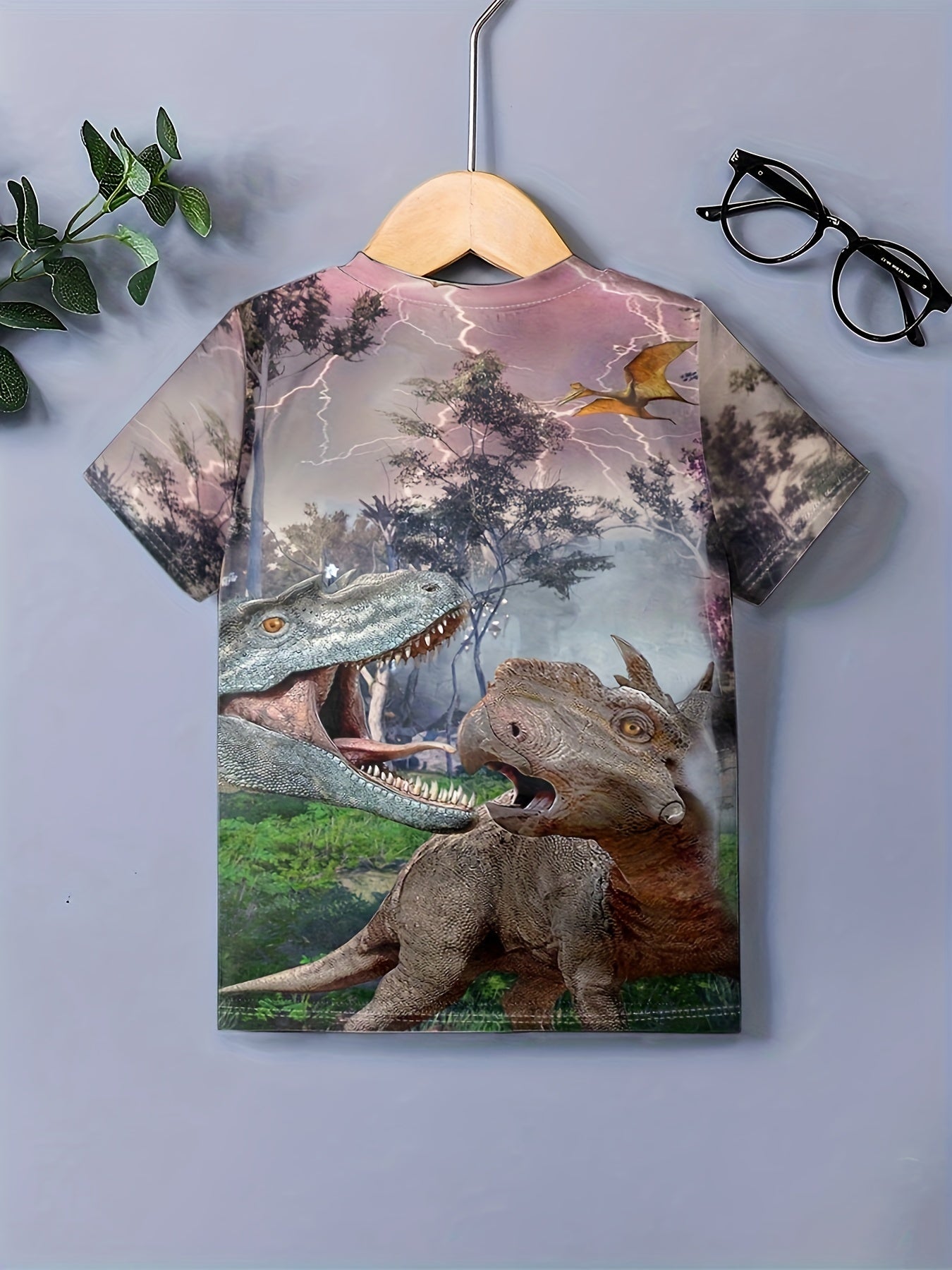 Dino & Lightning 3D Print Boy's Tee Tops Short Sleeve Summer Clothes