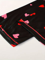 Heart Print Lounge Set Short Sleeve Top & Pants Women's Loungewear