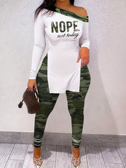 Letter Print Slanted Shoulder Split Tops & Camo Print Long Pants Set
