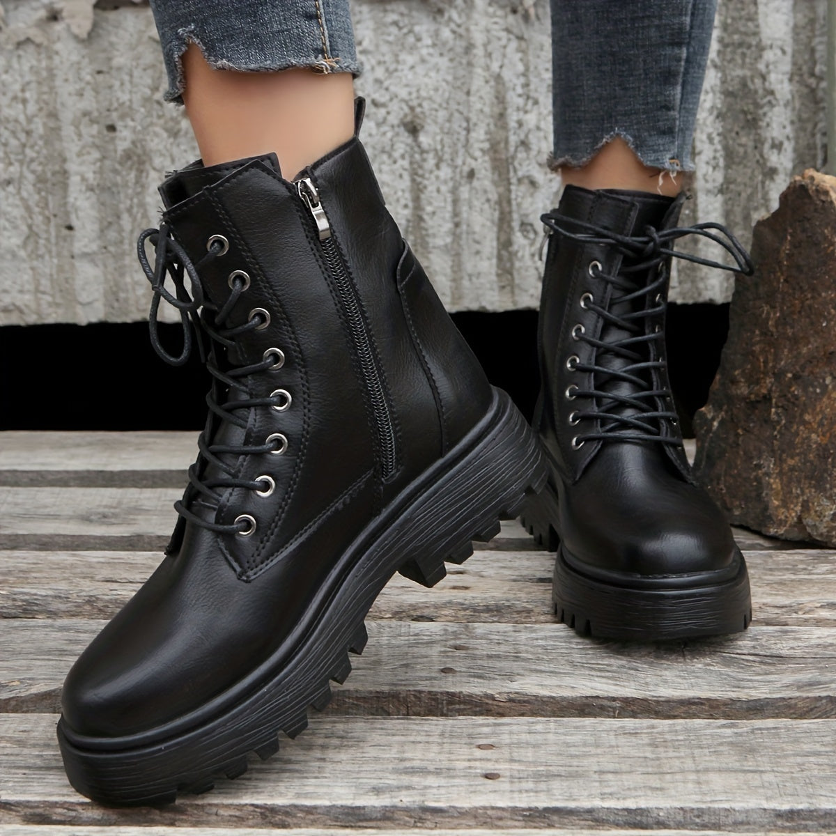 Women's Lace Up Short Boots Side Zipper Solid Casual Shoes