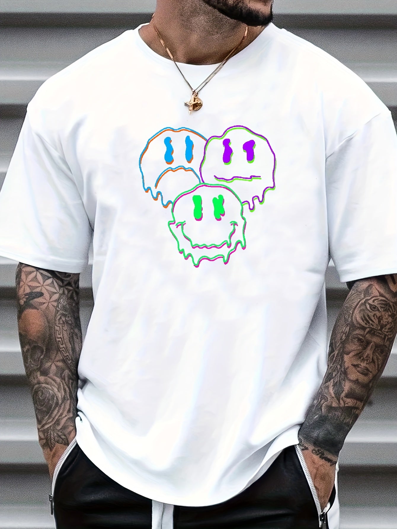 Cartoon Face Print Men's Graphic Crew Neck T shirt Casual Comfy Tees