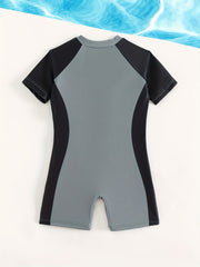 Boys Sun Protection Swimsuit Zip Up Onesie Short Sleeved Quick Drying