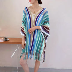 Colorful Striped Tassel Beach Cover Up V Neck 3/4 Sleeve Loose Cape