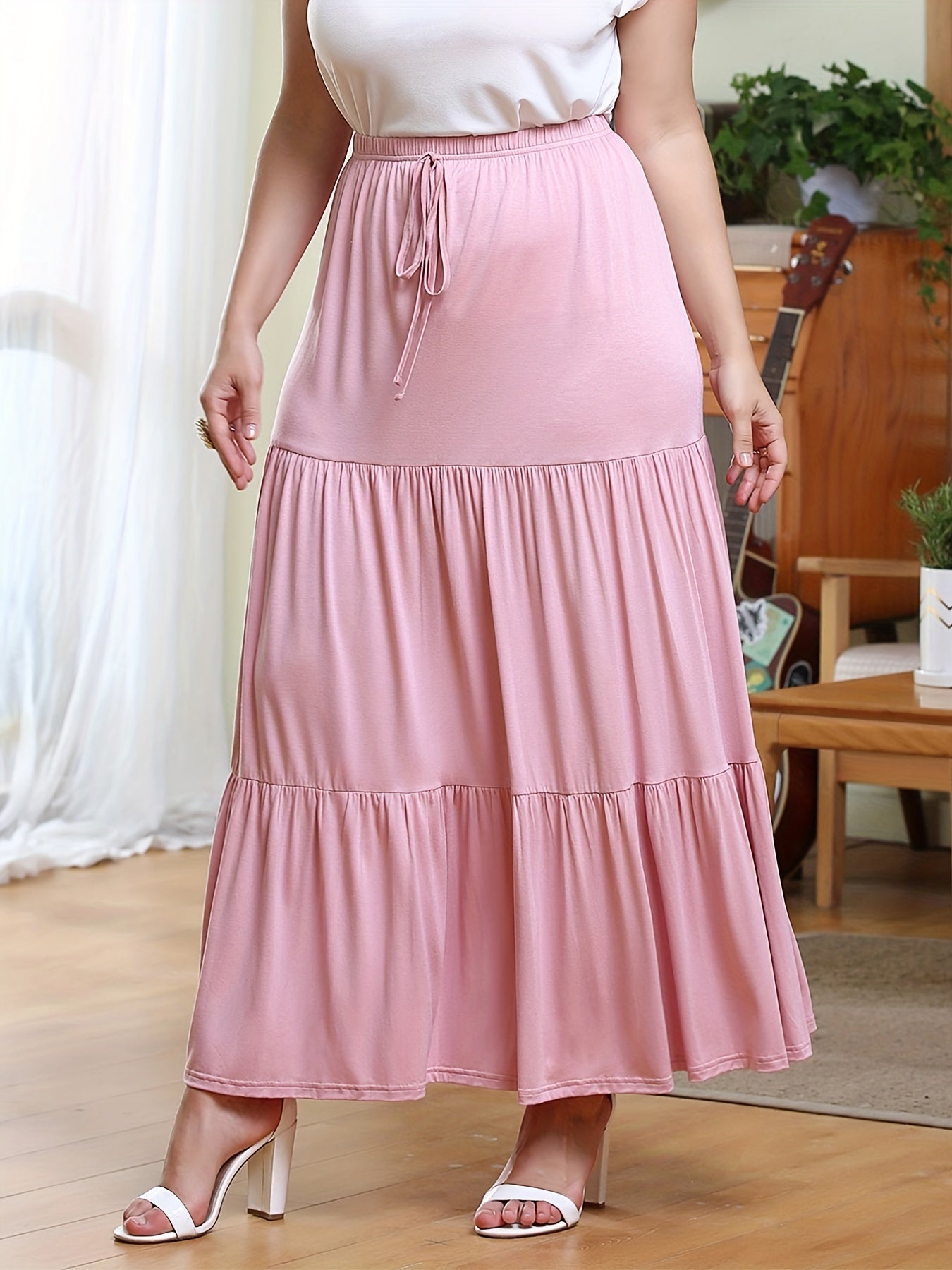 Solid Elastic Drawstring Maxi Skirt