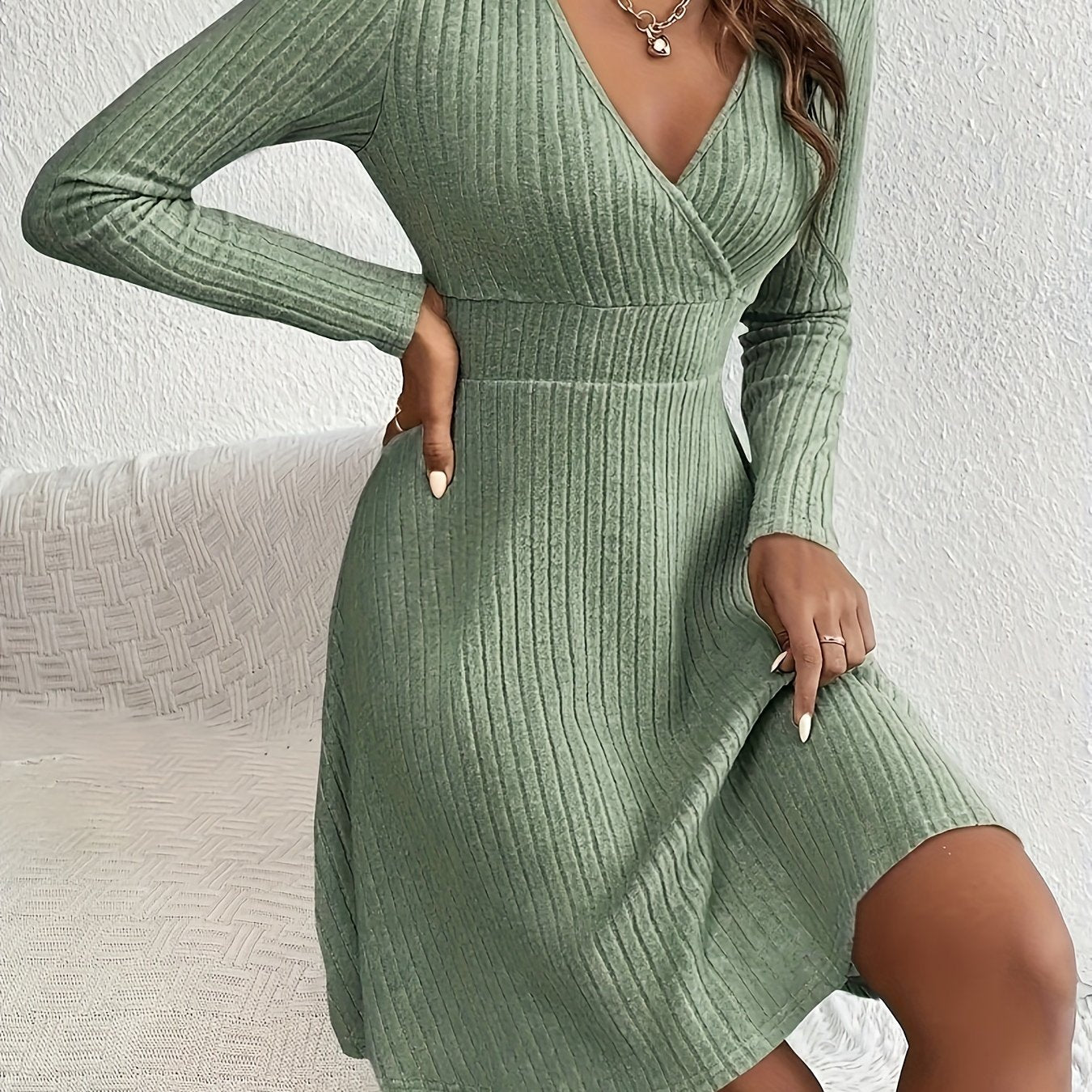 Solid Ribbed Long Sleeve Midi Dress