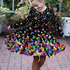 Rainbow Butterfly Long Sleeve Dress Girls Crew Neck Spring Fall