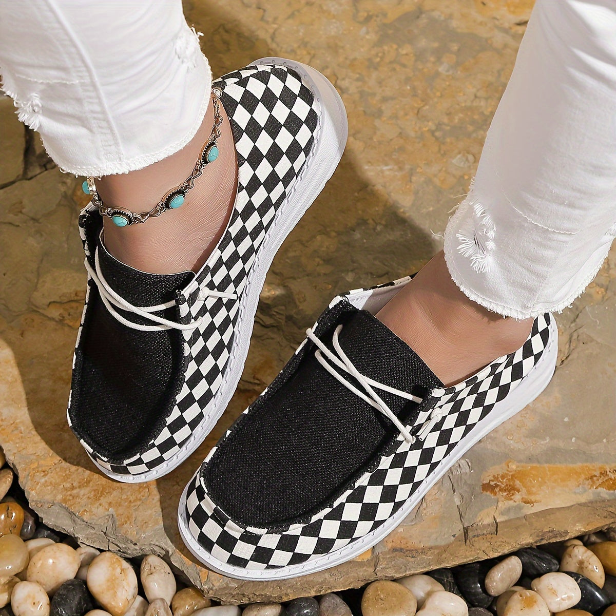 Plaid Walking Shoes Lightweight Low Top Travel Sport Flat Shoes Women