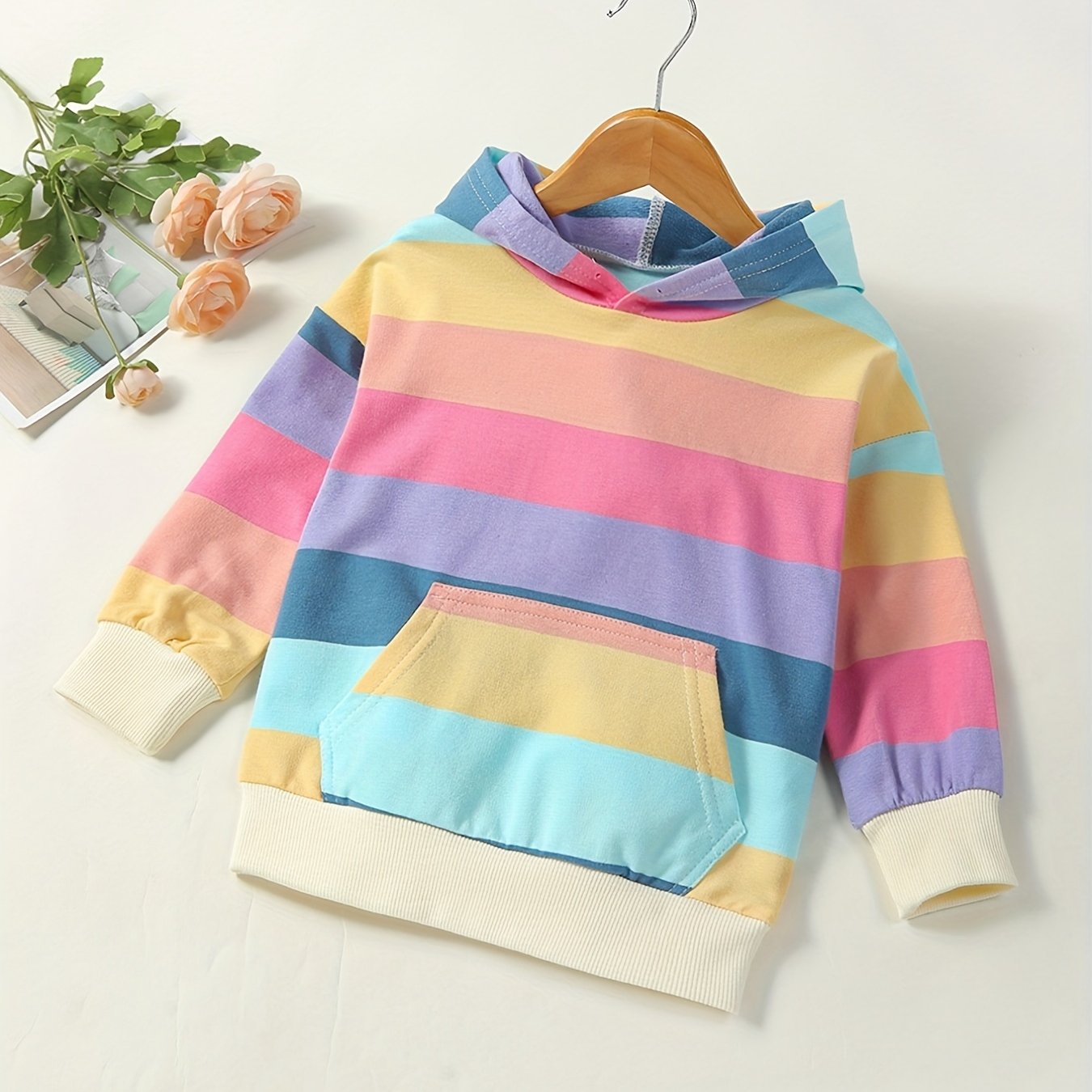 Girls Rainbow Stripes Hoodie Sweatshirt Long Sleeve Hooded Pullovers