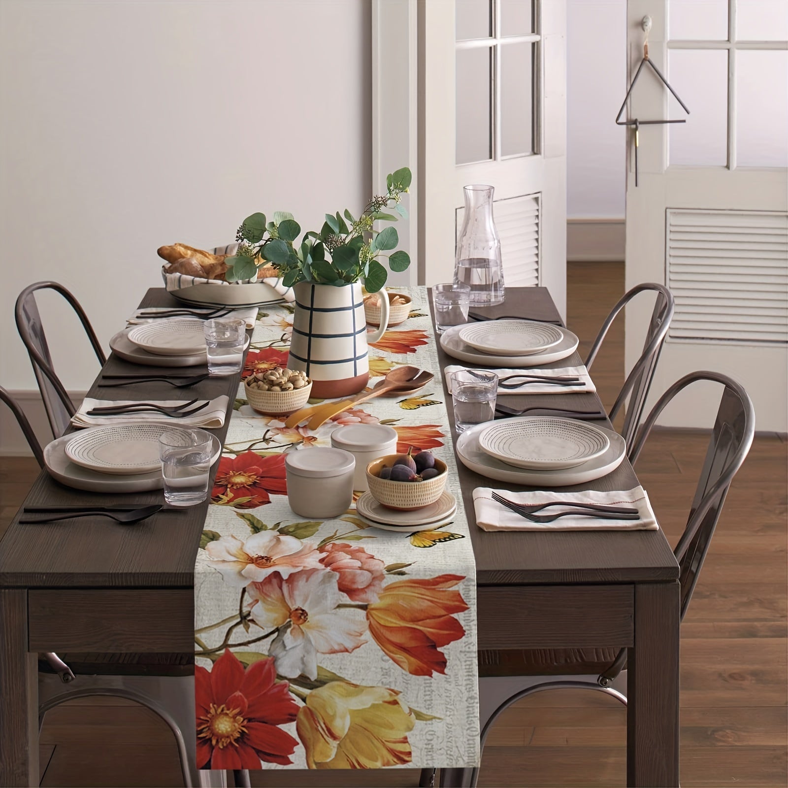 Retro Poppy Flower Painting Art Linen Table Runner Heat Resistant Washable
