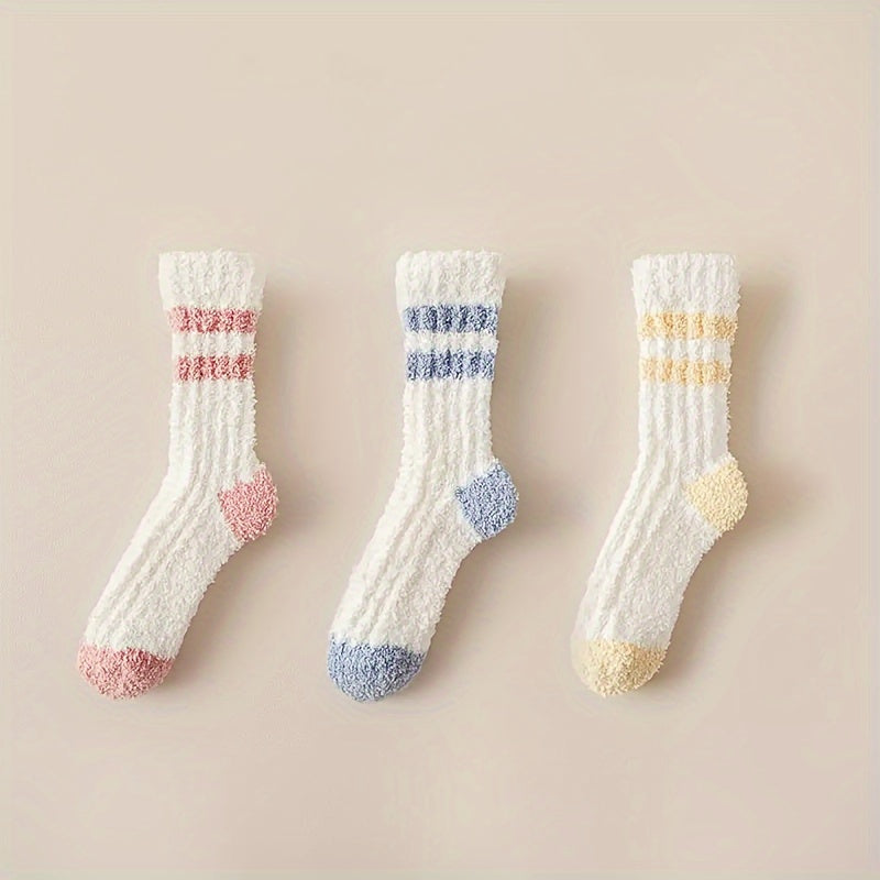 3 Pairs Striped Fuzzy Socks Comfy & Warm Mid Tube Women's Stockings