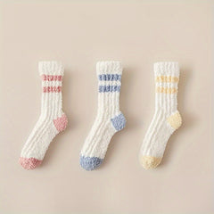 3 Pairs Striped Fuzzy Socks Comfy & Warm Mid Tube Women's Stockings