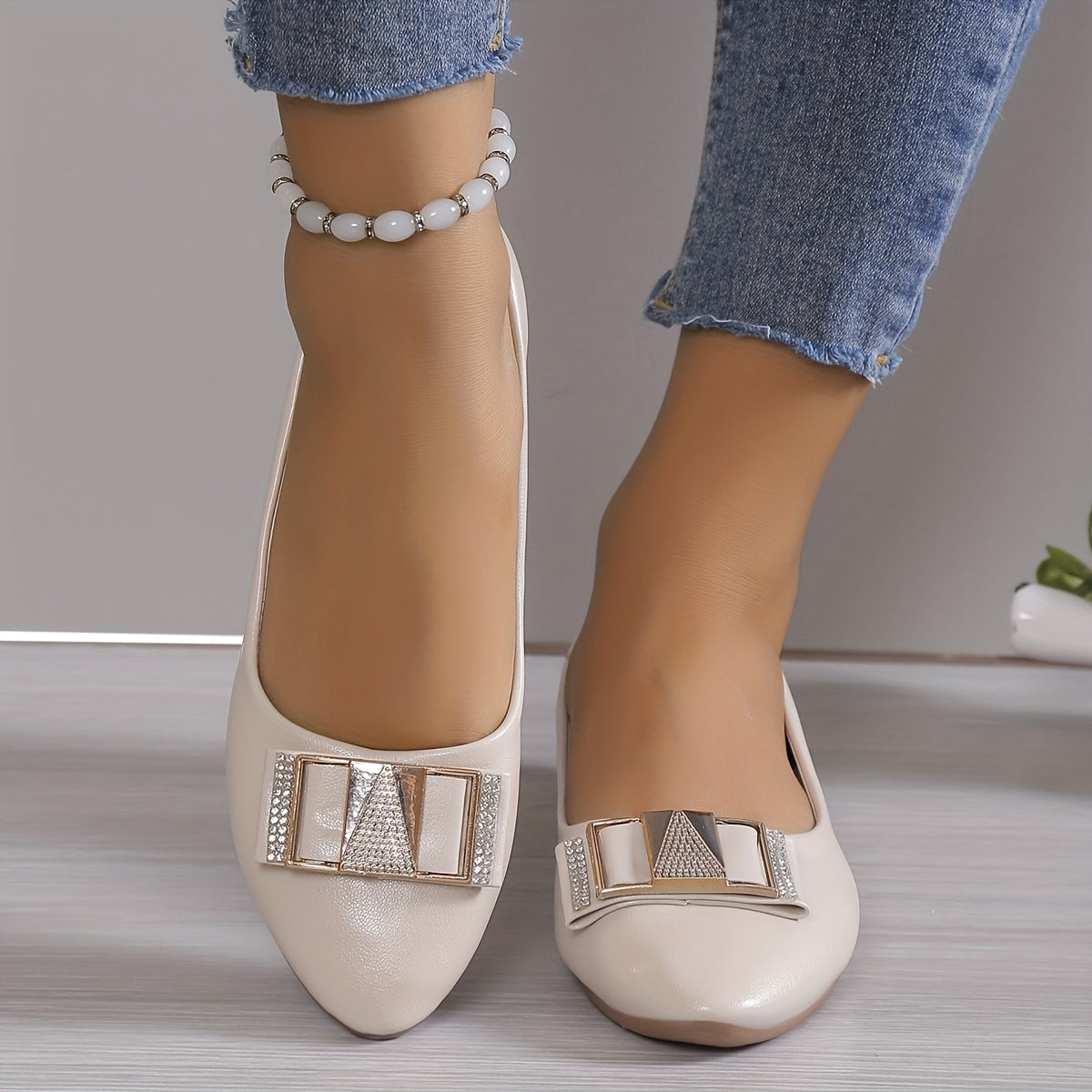 Women's Rhinestone Buckle Ballet Flats Slip On Shoes