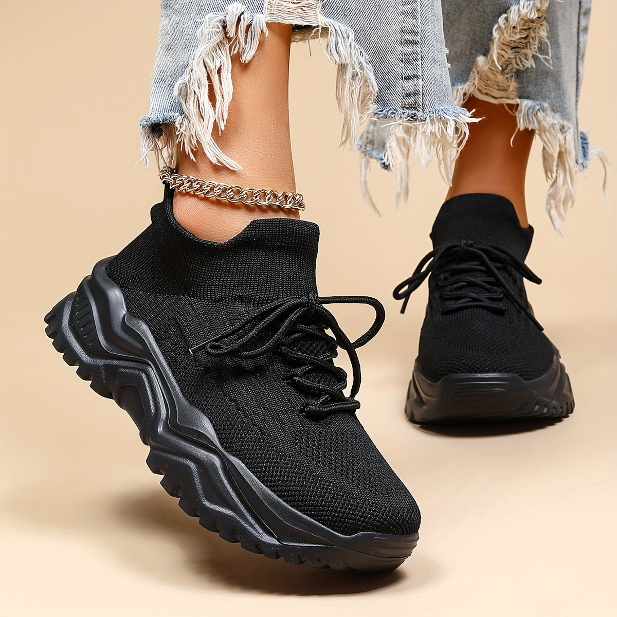 Women's Knit Sock Sneakers Lace Up Running Shoes Non slip Sport Shoes