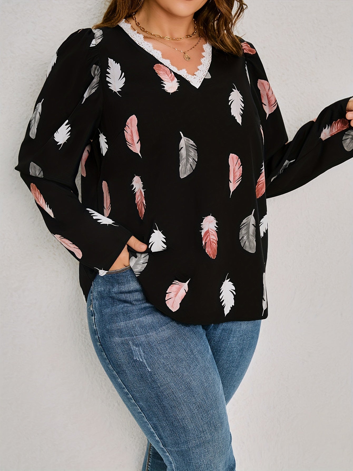Blouse Women's Feather Print Long Sleeve V Neck Loose Top