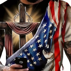 Men's American Flag & Cross Graphic T Shirt for Dads
