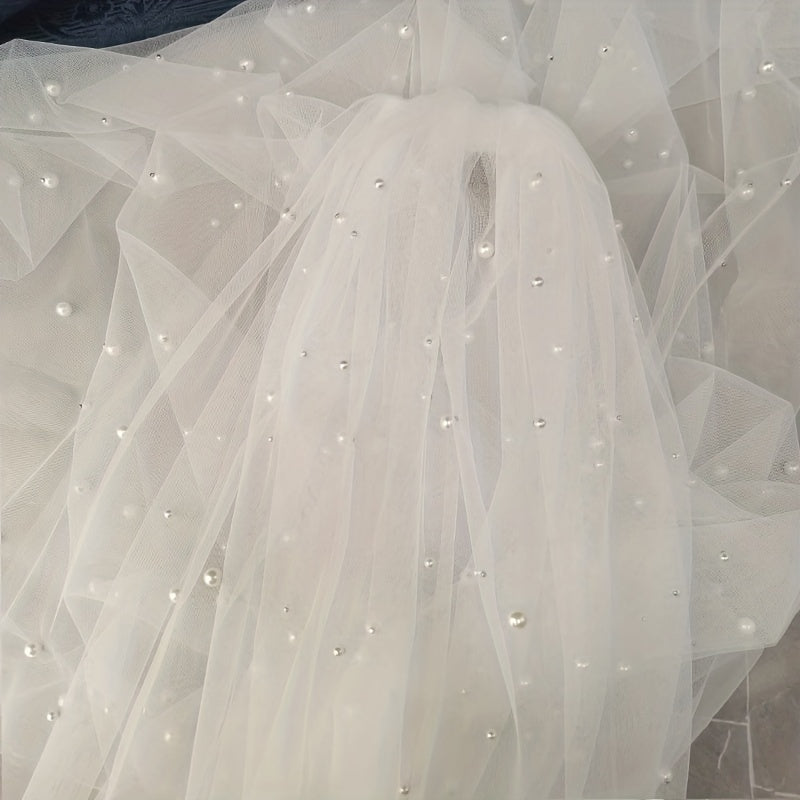 Bride Tulle Veil Faux Pearl Long Wedding Bridal Hair Accessories