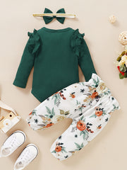 3pcs Baby Girls Bodysuit Onesie & Floral Pants & Headband Set