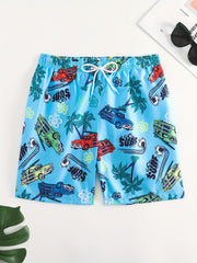 Quick Dry Drawstring Swim Trunks Men's Cars & Coconut Tree Beach Pants