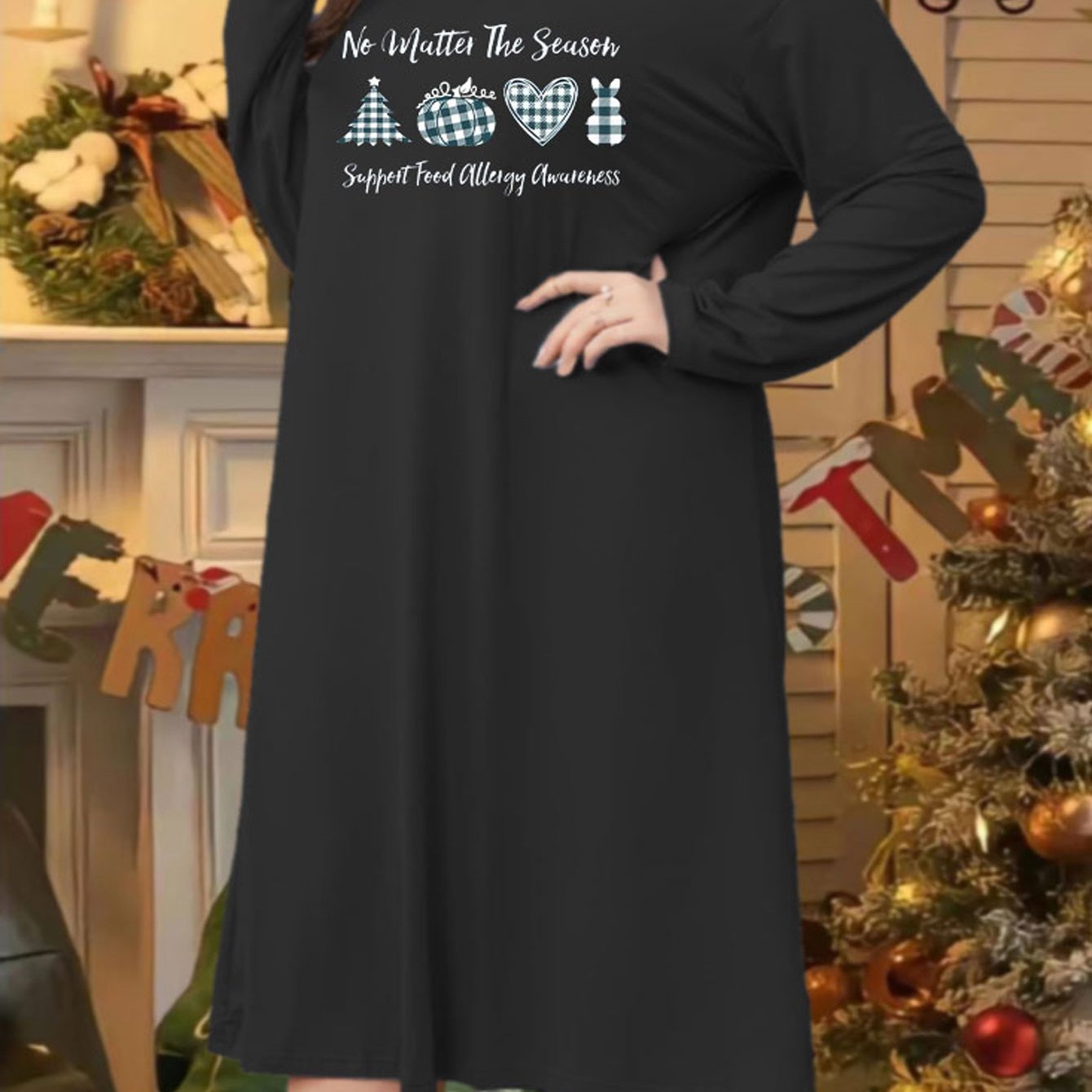 Christmas Graphic Print Long Sleeve Sleep Dress