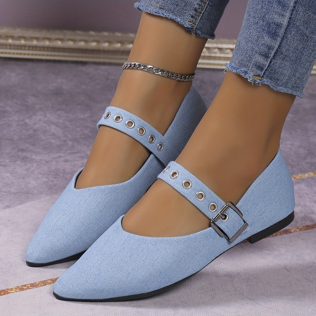 Women's Denim Buckle Flat Shoes Pointed Toe Slip On Casual Solid