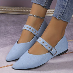 Women's Denim Buckle Flat Shoes Pointed Toe Slip On Casual Solid