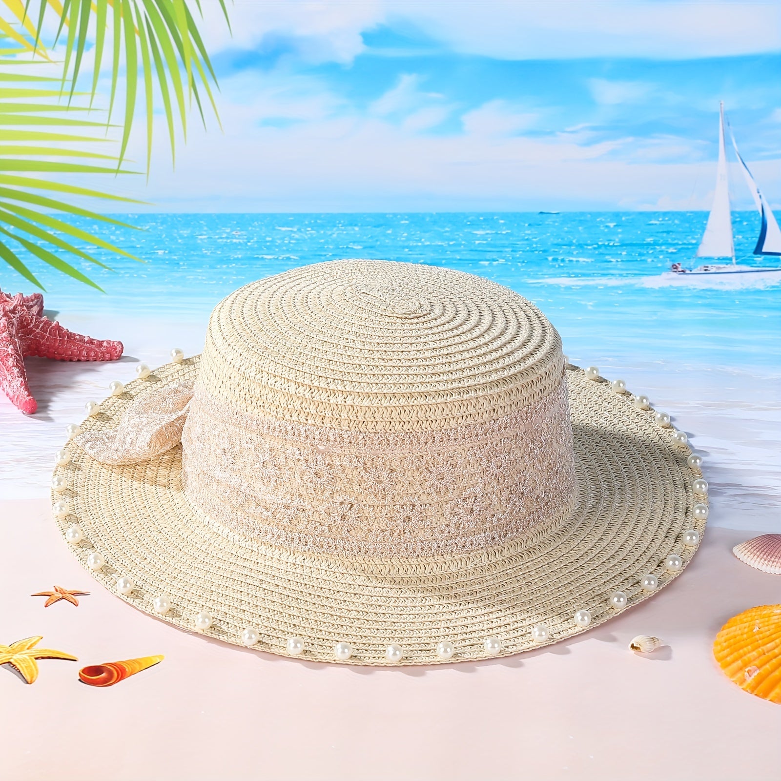 Women Straw Fedora Hat Faux Pearl Flap Top Brim Beach Sun Hat
