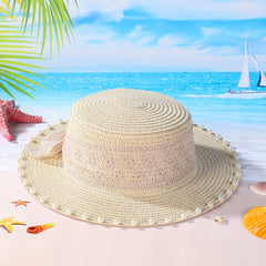 Women Straw Fedora Hat Faux Pearl Flap Top Brim Beach Sun Hat
