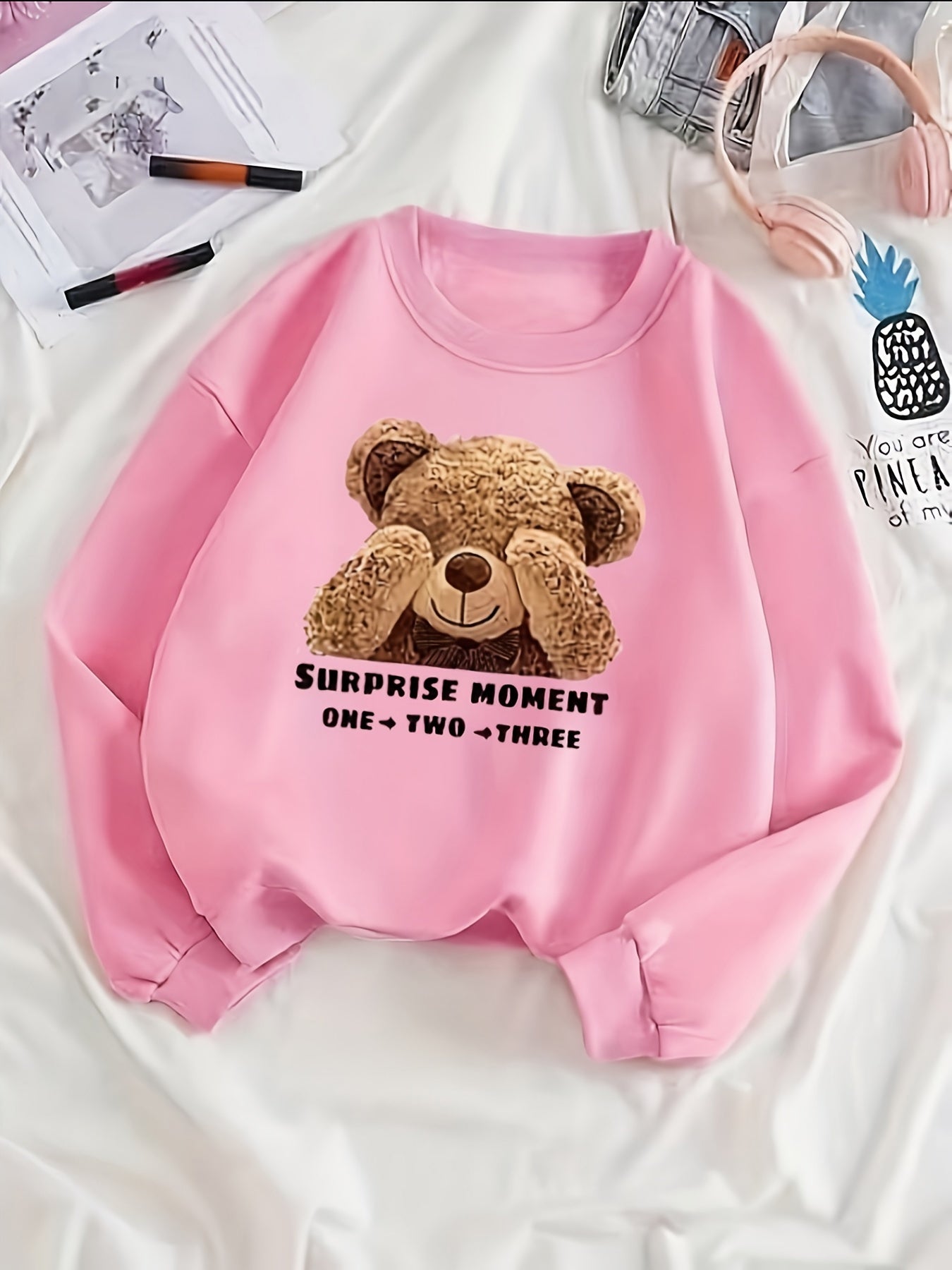 Bear Print Crew Neck Pullover Sweatshirt for Women