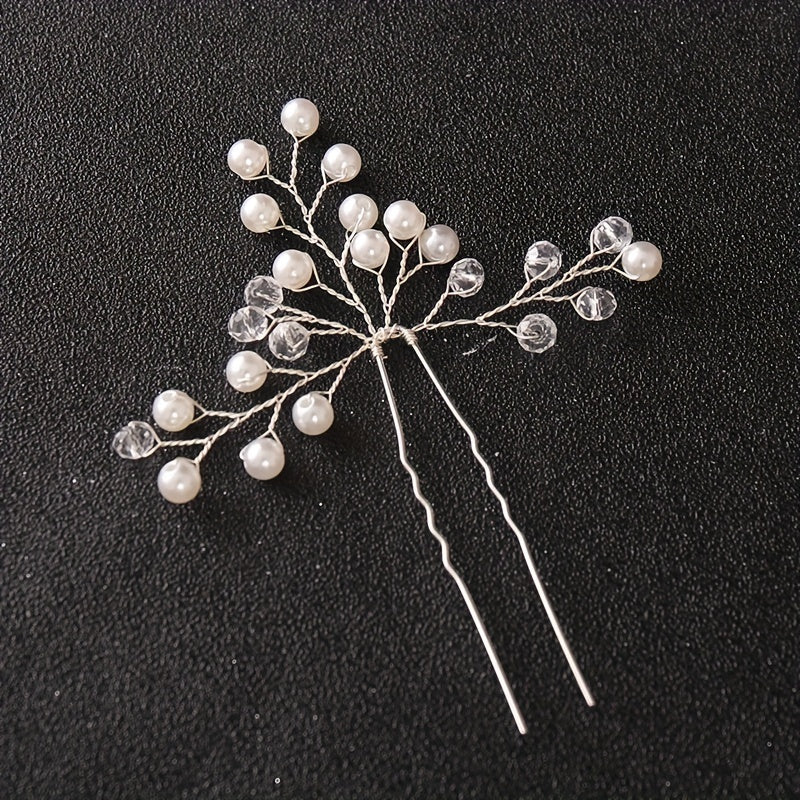 Silvery Crystal Faux Pearl Hairpins U shaped Hair Pin Wedding Bridal Hair Sticks