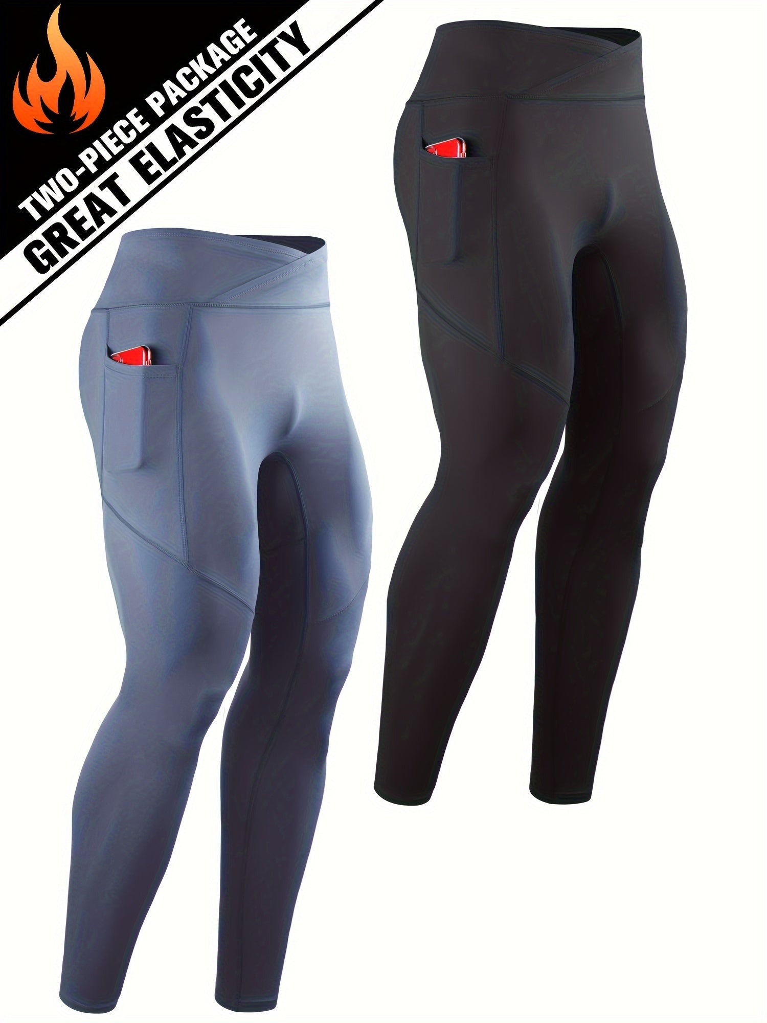 Men's Solid Pocket Leggings Active Compression Pants For Outdoor Running