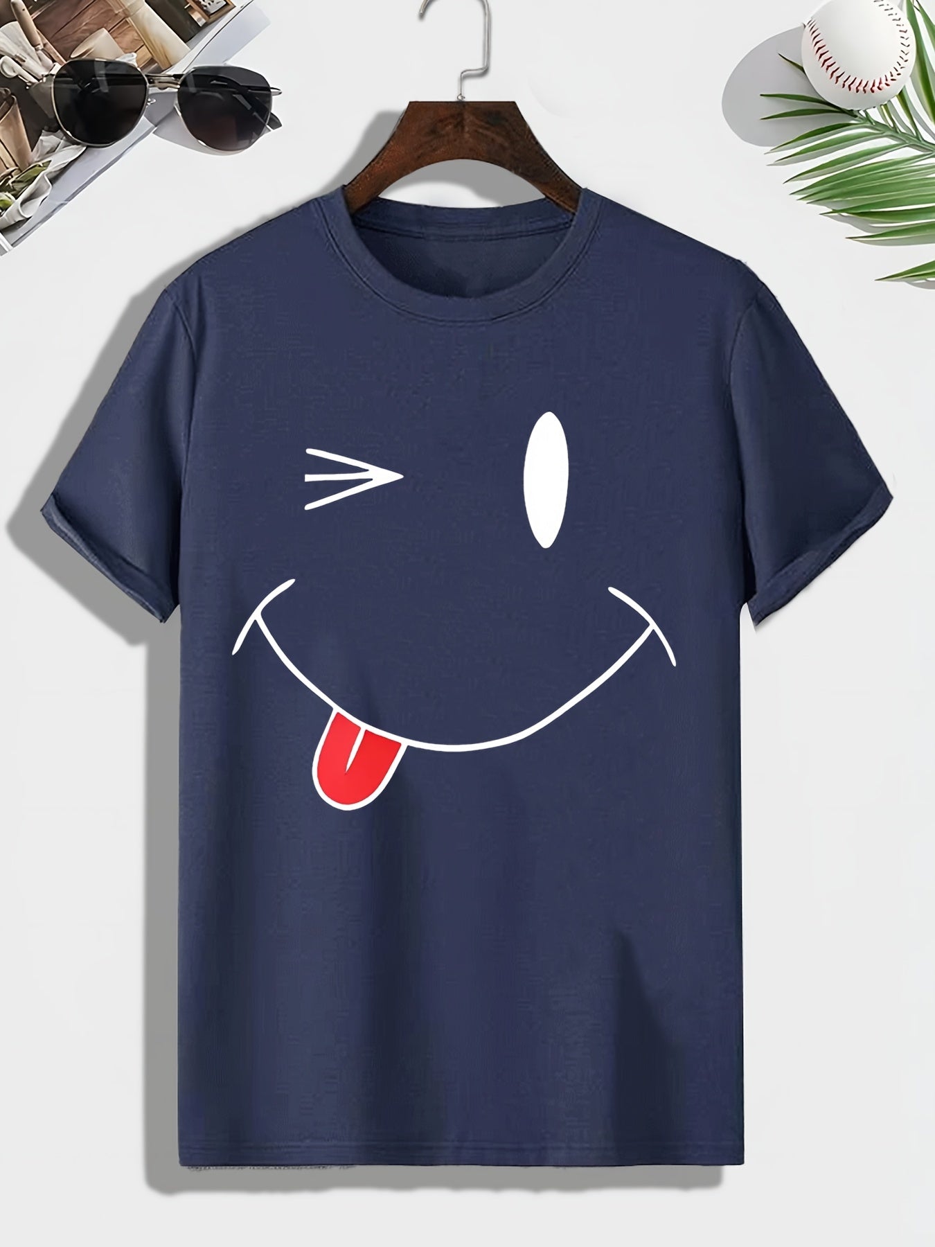 Men's Smile Print T shirt Active Comfy Slightly Stretch Crew Neck Tee