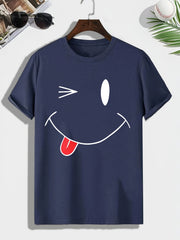 Men's Smile Print T shirt Active Comfy Slightly Stretch Crew Neck Tee