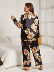 Satin Floral Print Pajama Set Button Up Shirt & Pants