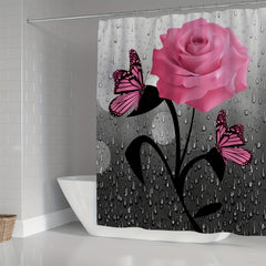 Romantic Pink Rose Butterfly Shower Curtain Set