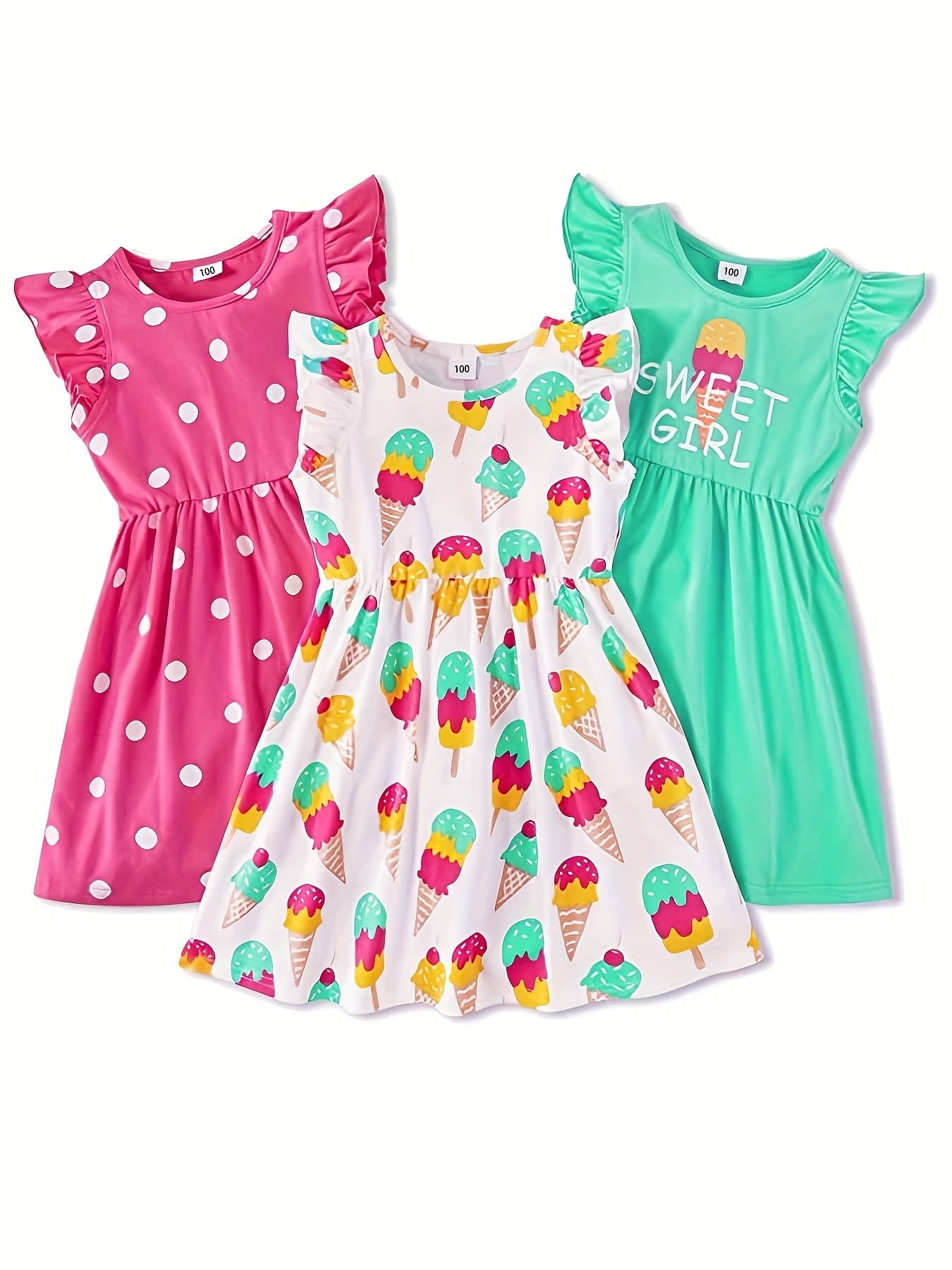 Girls Flying Sleeves Dress Polka Dot Ice Cream Print Kids Princess Dress