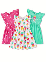 Girls Flying Sleeves Dress Polka Dot Ice Cream Print Kids Princess Dress