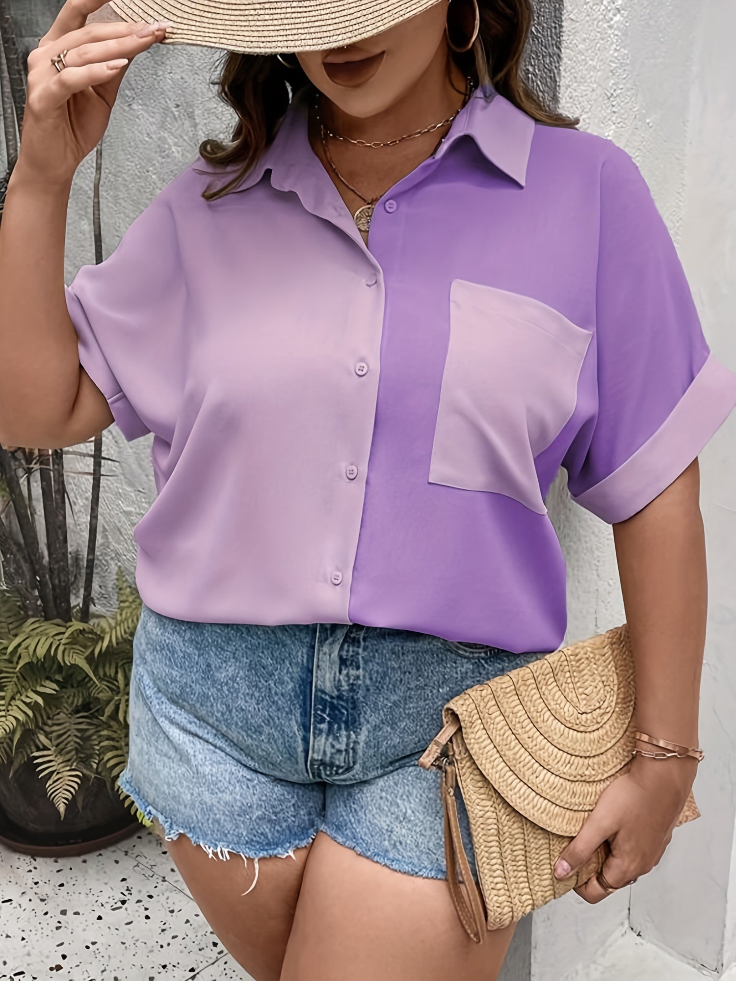 Colorblock Button Up Short Sleeve Blouse