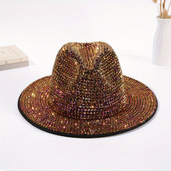 Hand Adhesive Rhinestone Sunshade Wide Brim Fedora Hat