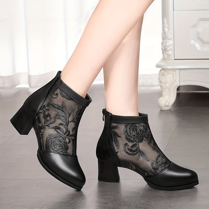 Chunky Heeled Floral Embroidery Ankle Boots