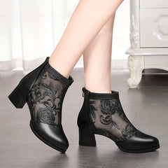 Chunky Heeled Floral Embroidery Ankle Boots