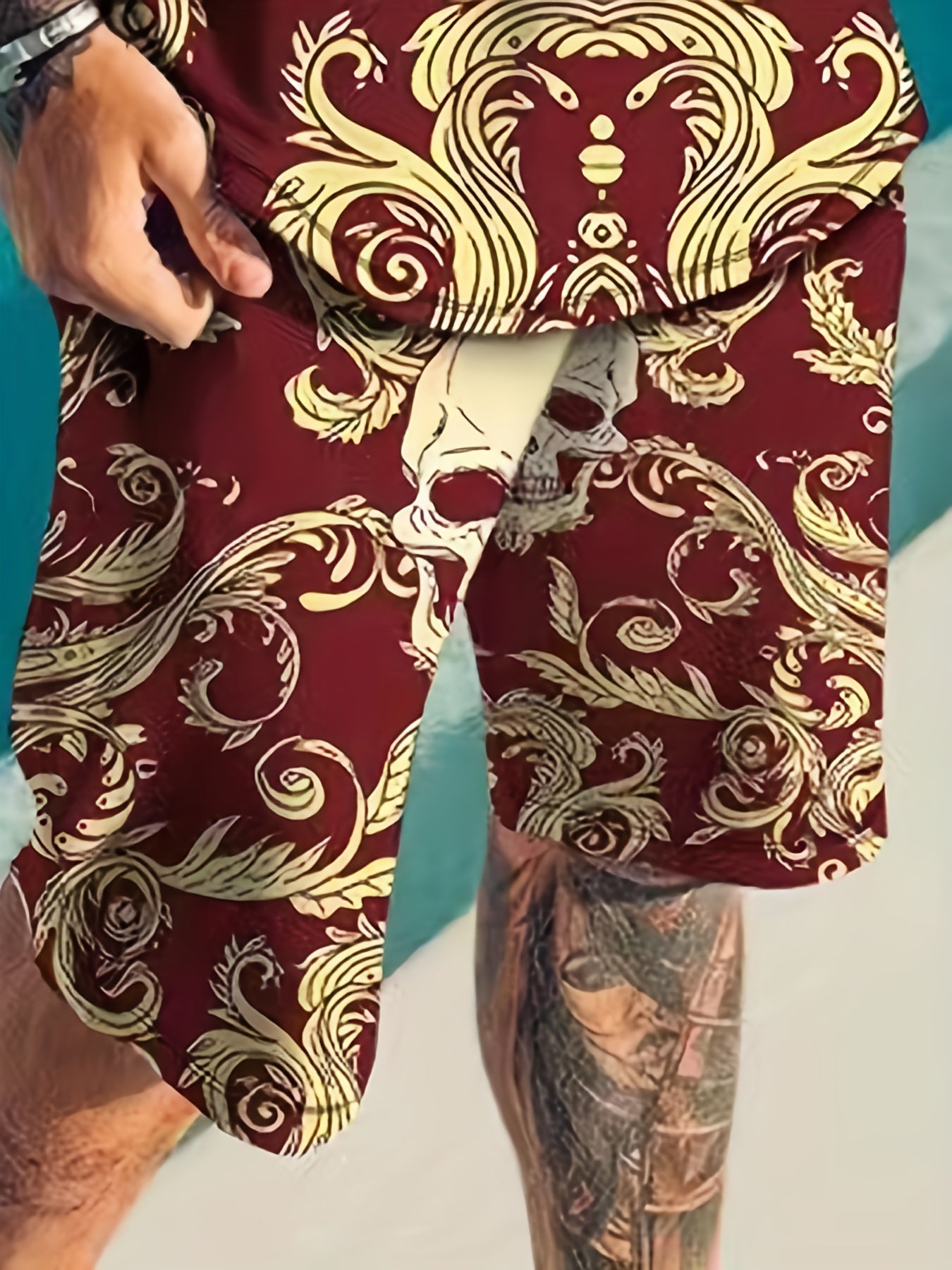 Men's Casual Floral Skull T shirt & Stretch Shorts For Outdoor