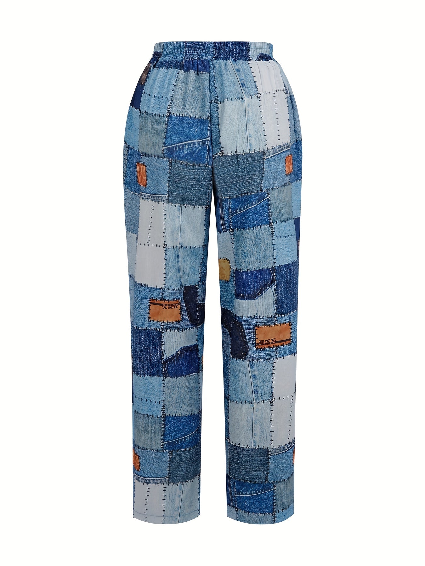 Denim Patchwork Print Straight Leg Pants Casual Drawstring Pocket Pants