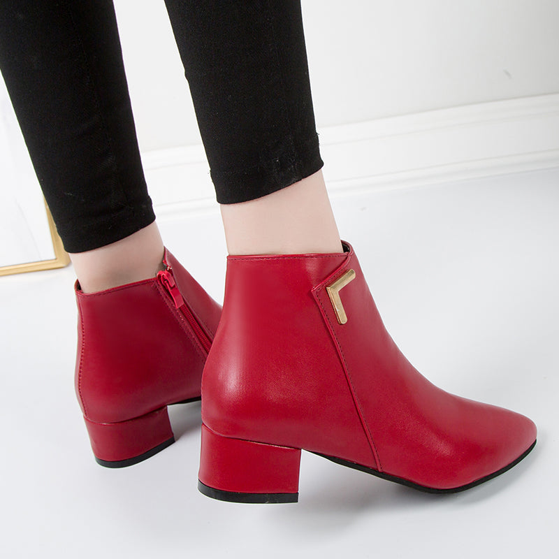 Metal Decor Chunky Heel Boots with Zip Side