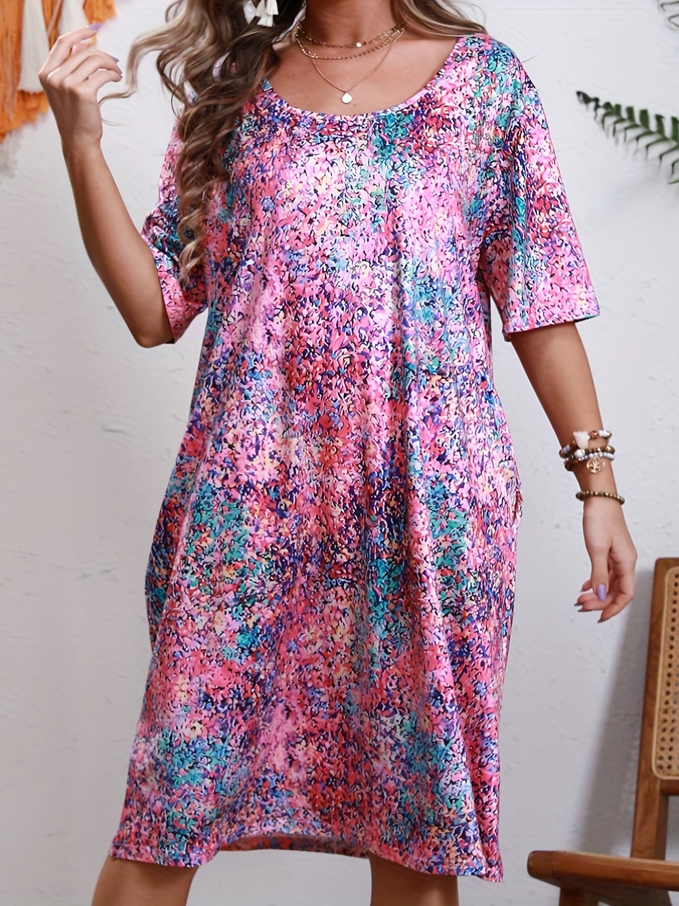 Casual Allover Print Short Sleeve Tee Dress With Pockets