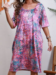 Casual Allover Print Short Sleeve Tee Dress With Pockets