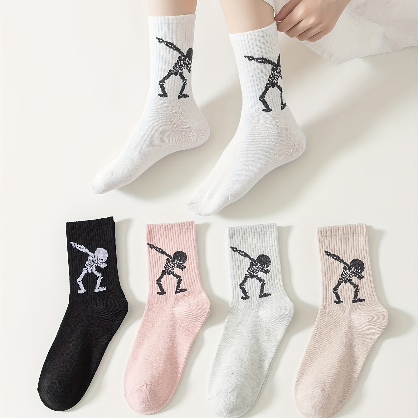5 Pairs Skull Print Socks Women's Mid Tube Stockings