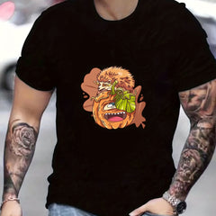 Cartoon Pumpkin & Hedgehog Print Men's Graphic Tee for Summer Vacation