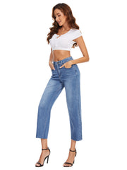 High Rise Straight Leg Jeans Loose Embossed Crotch Pocket Long Pants